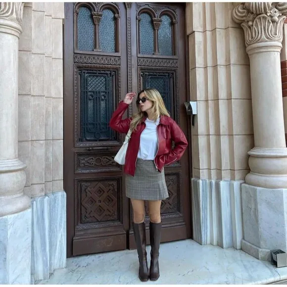 Women's Brown Faux Leather Chunky High Heel Tall Boot Fashion Square Toe - Picture 3 of 6